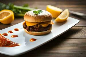 uma Hamburger com queijo e molho em uma branco placa. gerado por IA foto