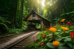 uma pequeno de madeira casa senta em uma trem rastrear cercado de flores gerado por IA foto