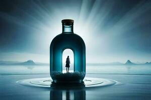 uma mulher é em pé dentro do uma garrafa dentro a água. gerado por IA foto