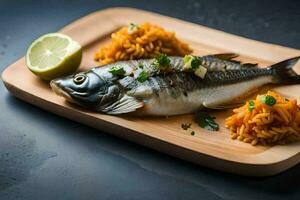 uma peixe com arroz e limão em uma de madeira placa. gerado por IA foto