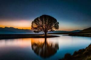 uma solitário árvore dentro a meio do uma lago às pôr do sol. gerado por IA foto