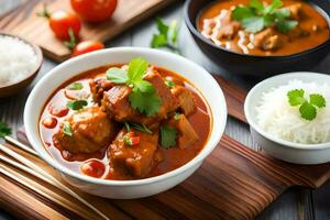 frango Curry dentro uma tigela com arroz e legumes. gerado por IA foto