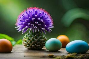 colorida Páscoa ovos e uma roxa flor. gerado por IA foto