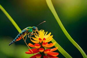 uma colorida inseto é empoleirado em uma flor. gerado por IA foto