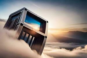 uma metal caixa sentado em topo do nuvens. gerado por IA foto