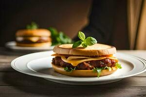 uma Hamburger em uma prato com uma pessoa segurando uma faca. gerado por IA foto