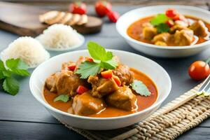 frango Curry dentro uma tigela com arroz e legumes. gerado por IA foto