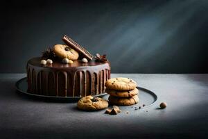 chocolate bolo com biscoitos em uma Sombrio fundo. gerado por IA foto
