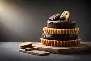 uma chocolate bolo com biscoitos em topo. gerado por IA foto