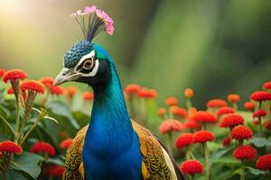 uma pavão é em pé dentro frente do alguns flores gerado por IA foto