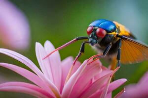 uma mosca com vermelho olhos sentado em uma Rosa flor. gerado por IA foto