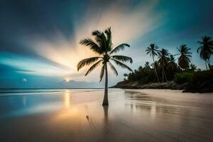 uma Palma árvore carrinhos em a de praia às pôr do sol. gerado por IA foto