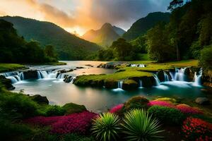 uma lindo cascata e exuberante verde Relva dentro a montanhas. gerado por IA foto