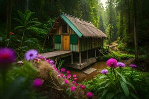 uma pequeno cabine dentro a meio do uma floresta. gerado por IA foto