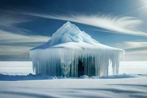 uma cabana fez do gelo em a neve coberto chão. gerado por IA foto