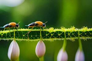 dois abelhas em uma plantar com flores gerado por IA foto