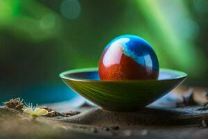 uma colorida ovo sentado dentro uma tigela em uma mesa. gerado por IA foto