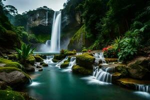 cascata dentro a selva com verde plantas e pedras. gerado por IA foto