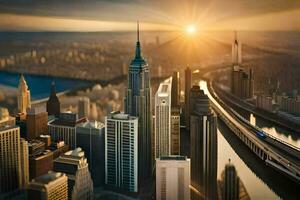 a Sol sobe sobre uma cidade Horizonte com alta edifícios. gerado por IA foto