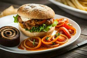 uma Hamburger com fritas e legumes em uma placa. gerado por IA foto