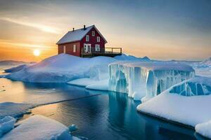 uma vermelho casa senta em topo do a iceberg. gerado por IA foto