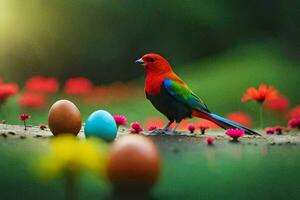 uma colorida pássaro é em pé em a terra perto colorida ovos. gerado por IA foto