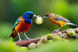 dois colorida pássaros em pé em uma ramo com flores gerado por IA foto
