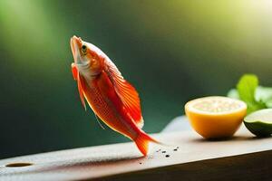 uma vermelho peixe é sentado em uma de madeira corte borda. gerado por IA foto