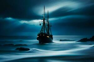 uma navio dentro a oceano às noite. gerado por IA foto