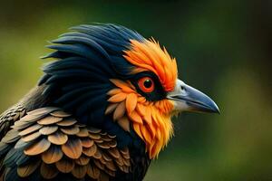 uma fechar acima do uma colorida pássaro com laranja e Preto penas. gerado por IA foto