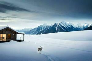 uma veado carrinhos dentro frente do uma cabine dentro a neve. gerado por IA foto