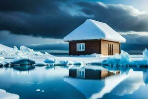 uma pequeno cabine é cercado de gelo e neve. gerado por IA foto