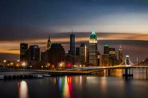 a Manhattan Horizonte às crepúsculo. gerado por IA foto