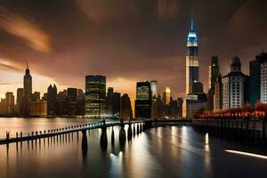 a cidade Horizonte às noite com uma grandes exposição. gerado por IA foto