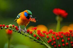 uma colorida pássaro é sentado em uma haste do vermelho flores gerado por IA foto