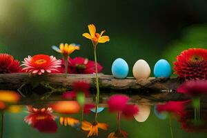 Páscoa ovos em uma ramo com flores e água. gerado por IA foto