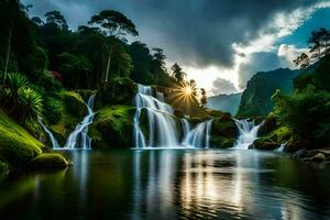 a Sol brilha em a cascata dentro a selva. gerado por IA foto