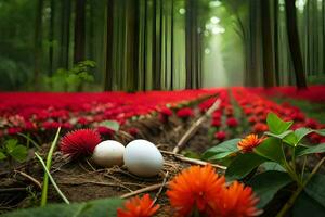 dois ovos estão sentado dentro a meio do uma campo do flores gerado por IA foto