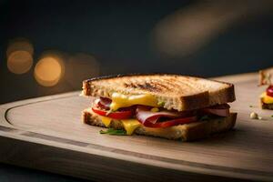 uma grelhado sanduíche com queijo e presunto em uma de madeira corte borda. gerado por IA foto