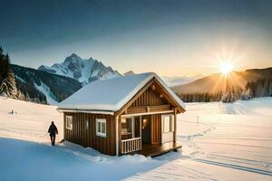 uma pequeno cabine dentro a neve com montanhas dentro a fundo. gerado por IA foto