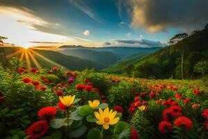 a Sol brilha sobre uma campo do flores e montanhas. gerado por IA foto