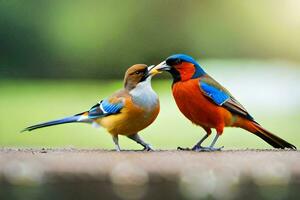 dois colorida pássaros em pé em uma borda. gerado por IA foto