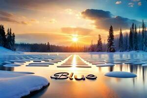 a Sol é brilhando em uma lago com neve e a palavra azul. gerado por IA foto