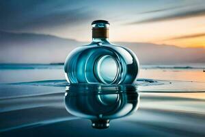uma garrafa do azul líquido sentado dentro a água. gerado por IA foto