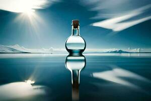 uma garrafa do água sentado em a água com uma céu e Sol. gerado por IA foto