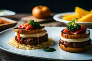 dois pequeno sanduíches em uma prato com Macarrão. gerado por IA foto