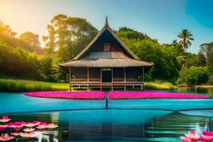 uma pequeno cabana senta em a Beira do uma lago com Rosa flores gerado por IA foto