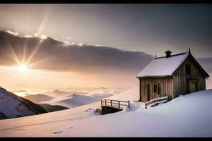 uma pequeno cabine dentro a neve com a Sol brilhando. gerado por IA foto