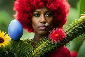 uma mulher com vermelho cabelo e a ovo. gerado por IA foto