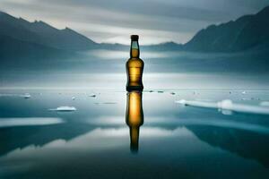 uma garrafa do Cerveja é sentado em a água. gerado por IA foto